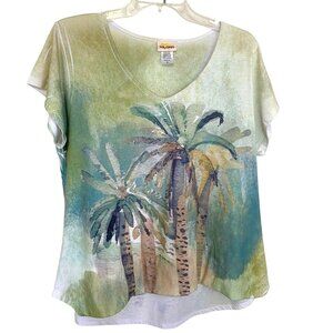 Sunshirt Vintage Womens Palm Tree Print Top XL Tropical Beach, Y2K Island Artsy